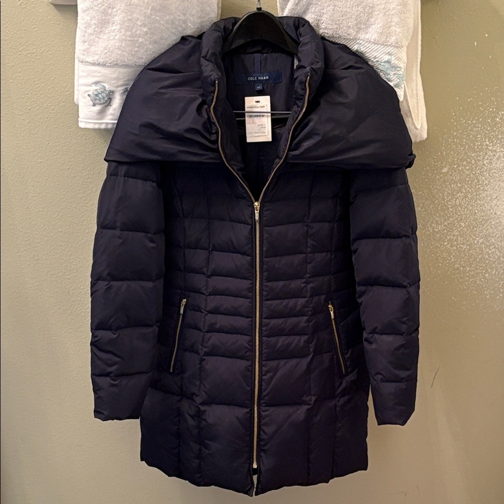 Cole Haan Blue Hooded Down Jacket New